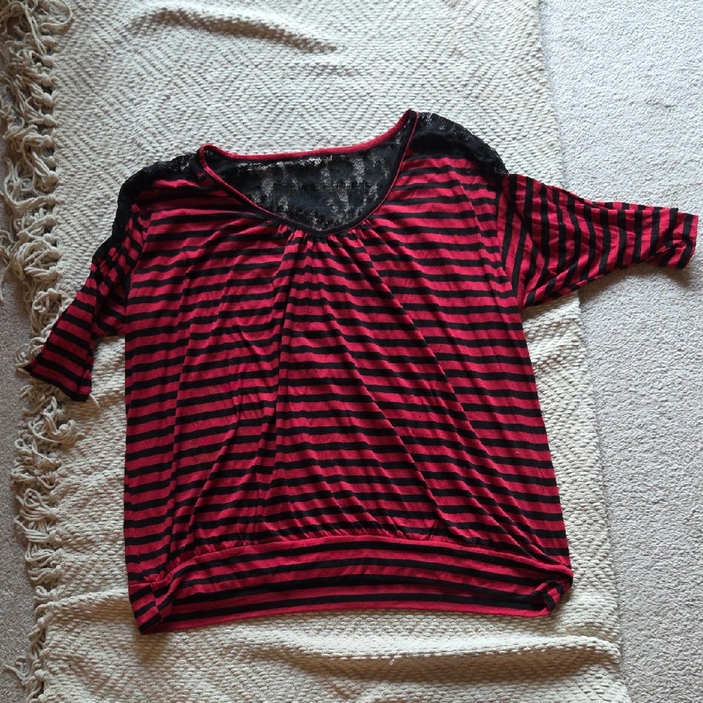 Torrid Size 2 Striped Black and Red Lace Top